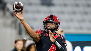 Oct 3, 2025; San Diego, California, USA; San Diego State Aztecs quarterback Jayden Denegal (4).