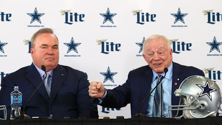 Jan 8, 2020; Frisco, Texas, USA; Dallas Cowboys owner Jerry Jones answers questions with new head coach Mike McCarthy during a press conference at Ford Center at the Star. Mandatory Credit: Matthew Emmons-USA TODAY Sports