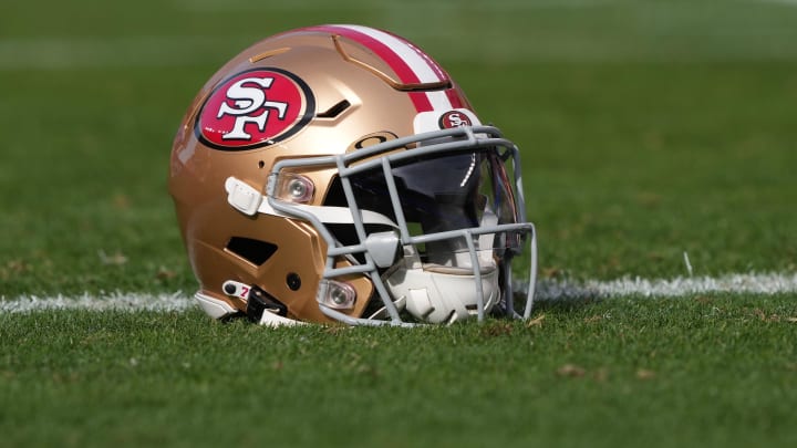 Dec 10, 2023; Santa Clara, California, USA; A San Francisco 49ers helmet sits on the field before the game against the Seattle Seahawks at Levi's Stadium. Mandatory Credit: Darren Yamashita-USA TODAY Sports