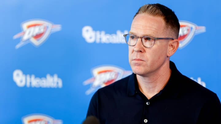 Sam Presti speaks to the press in Oklahoma City, on Tuesday, May 28, 2024.