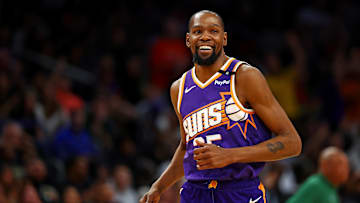 Mar 24, 2025; Phoenix, Arizona, USA; Phoenix Suns forward Kevin Durant (35) celebrates after a play during the fourth quarter against the Milwaukee Bucks at Footprint Center. Mandatory Credit: Mark J. Rebilas-Imagn Images