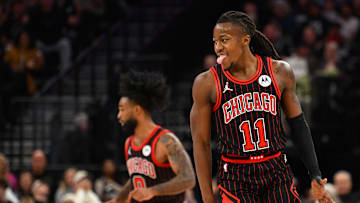 Chicago Bulls v Utah Jazz; Chicago Bulls guard Ayo Dosunmu celebrates a basket during his team's game against the Utah Jazz.
