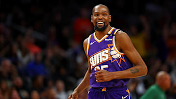 Mar 24, 2025; Phoenix, Arizona, USA; Phoenix Suns forward Kevin Durant (35) celebrates after a play during the fourth quarter against the Milwaukee Bucks at Footprint Center. Mandatory Credit: Mark J. Rebilas-Imagn Images