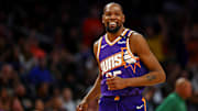 Mar 24, 2025; Phoenix, Arizona, USA; Phoenix Suns forward Kevin Durant (35) celebrates after a play during the fourth quarter against the Milwaukee Bucks at Footprint Center. Mandatory Credit: Mark J. Rebilas-Imagn Images