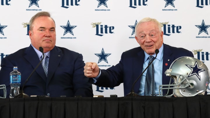 Jan 8, 2020; Frisco, Texas, USA; Dallas Cowboys owner Jerry Jones answers questions with new head coach Mike McCarthy during a press conference at Ford Center at the Star. Mandatory Credit: Matthew Emmons-USA TODAY Sports