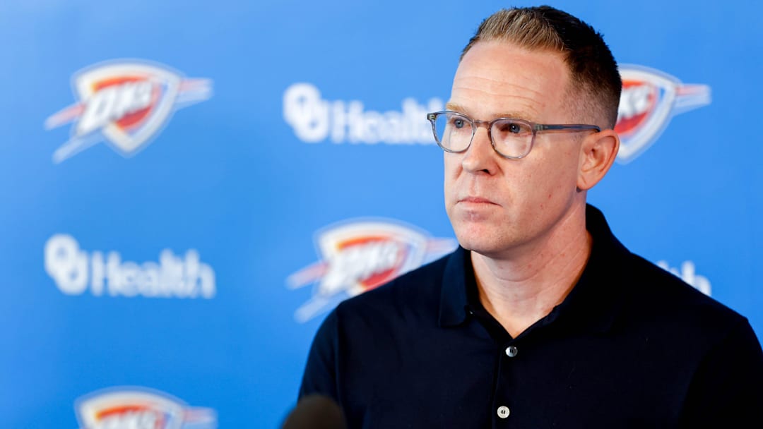 Sam Presti speaks to the press in Oklahoma City, on Tuesday, May 28, 2024.