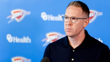 Sam Presti speaks to the press in Oklahoma City, on Tuesday, May 28, 2024.