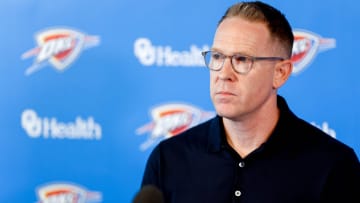 Sam Presti speaks to the press in Oklahoma City, on Tuesday, May 28, 2024.