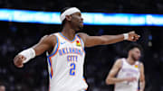 May 9, 2025; Denver, Colorado, USA; Oklahoma City Thunder guard Shai Gilgeous-Alexander (2) during the first quarter against the Denver Nuggets during game three of the second round for the 2025 NBA Playoffs at Ball Arena.