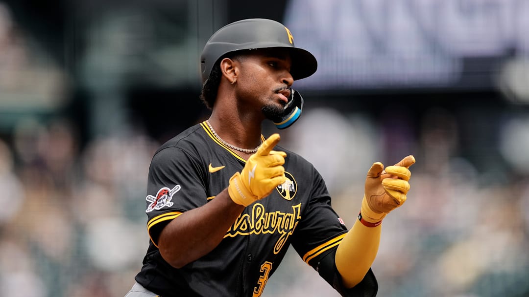 Aug 2, 2025; Denver, Colorado, USA; Pittsburgh Pirates first baseman Liover Peguero (31) gestures as he rounds the bases on a three run home run in the fifth inning against the Colorado Rockies at Coors Field. Mandatory Credit: Isaiah J. Downing-Imagn Images Aug 2, 2025; Denver, Colorado, USA; Pittsburgh Pirates first baseman Liover Peguero (31) gestures as he rounds the bases on a three run home run in the fifth inning against the Colorado Rockies at Coors Field. Mandatory Credit: Isaiah J. Downing-Imagn Images