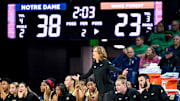 Jan 12, 2023; South Bend, Indiana, USA; Wake Forest Demon Deacons head coach Megan Gebbia watches in the first half against the Notre Dame Fighting Irish at the Purcell Pavilion. Mandatory Credit: Matt Cashore-Imagn Images