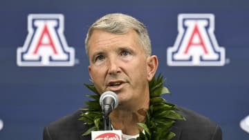 Jul 10, 2024; Las Vegas, NV, USA; Arizona Wildcats head coach Brent Brennan speaks to the media during the Big 12 Media Days at Allegiant Stadium. Mandatory Credit: Candice Ward-USA TODAY Sports