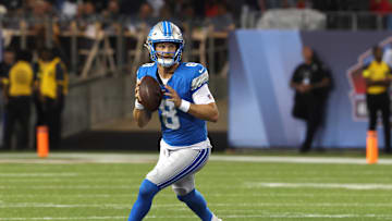 Jul 31, 2025; Canton, Ohio, USA; Detroit Lions quarterback Kyle Allen (8) looks to pass against the Los Angeles Chargers in the second quarter at Tom Benson Hall of Fame Stadium. Mandatory Credit: Charles LeClaire-Imagn Images
