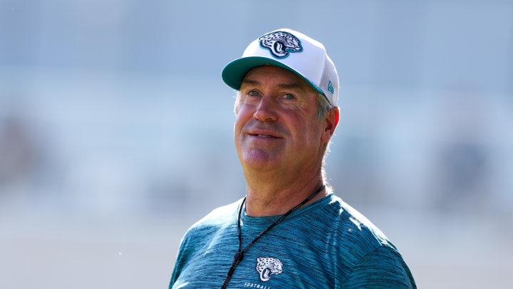 Jul 24, 2024; Jacksonville, FL, USA; Jacksonville Jaguars head coach Doug Pederson participates in training camp at Miller Electric Center. Mandatory Credit: Nathan Ray Seebeck-USA TODAY Sports