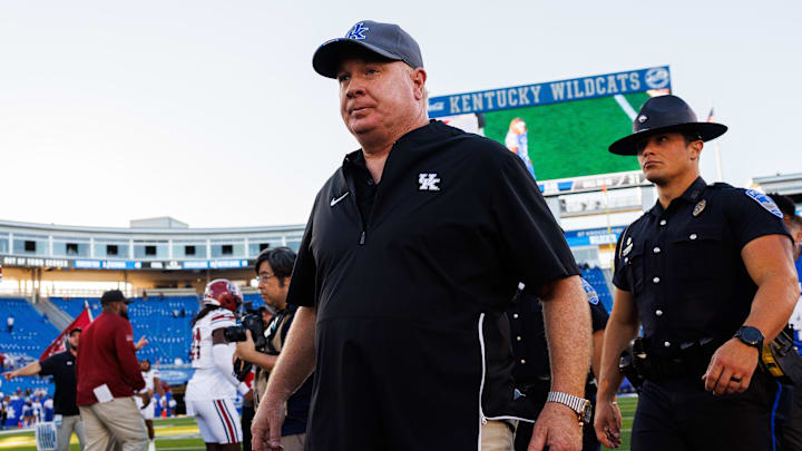 Sep 7, 2024; Lexington, Kentucky, USA; Kentucky Wildcats head coach Mark Stoops walks off the field after the game against the South Carolina Gamecocks at Kroger Field. Mandatory Credit: Jordan Prather-Imagn Images