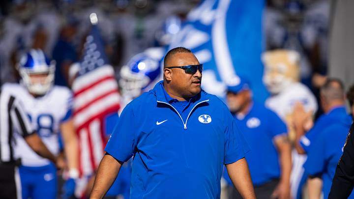 Nov 23, 2024; Tempe, Arizona, USA; Brigham Young Cougars head coach Kalani Sitake against the Arizona State Sun Devils at Mountain America Stadium. Mandatory Credit: Mark J. Rebilas-Imagn Images