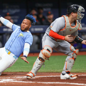 Apr 24, 2024; St. Petersburg, Florida, USA;  Tampa Bay Rays designated hitter Harold Ramirez (43) scores a run against the Detroit Tigers in the second inning at Tropicana Field.