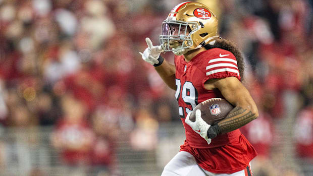 San Francisco 49ers safety Talanoa Hufanga (29) celebrates during the fourth quarter against the New York Giants.