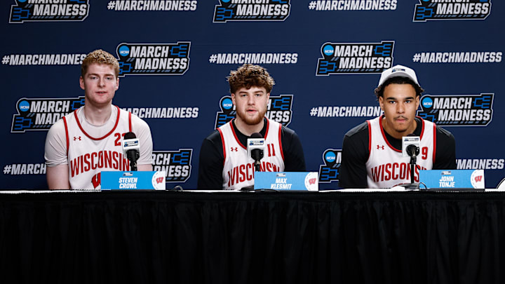 Mar 19, 2025; Denver, CO, USA; (from left to right) Wisconsin Badgers players Steven Crowl and Max Klesmit and John Tonje during a press conference at Ball Arena. Mandatory Credit: Isaiah J. Downing-Imagn Images