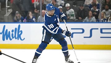 Oct 14, 2025; Toronto, Ontario, CAN;   Toronto Maple Leafs forward William Nylander (88) shoots the puck against the Nashville Predators in the third period at Scotiabank Arena. Mandatory Credit: Dan Hamilton-Imagn Images