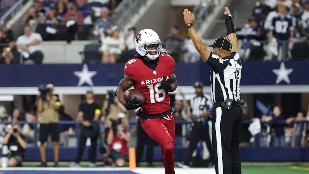 Nov 3, 2025; Arlington, Texas, USA; Arizona Cardinals wide receiver Marvin Harrison Jr. (18) scores a touchdown against the Dallas Cowboys in the first half at AT&;T Stadium. Mandatory Credit: Kevin Jairaj-Imagn Images Nov 3, 2025; Arlington, Texas, USA; Arizona Cardinals wide receiver Marvin Harrison Jr. (18) scores a touchdown against the Dallas Cowboys in the first half at AT&;T Stadium. Mandatory Credit: Kevin Jairaj-Imagn Images