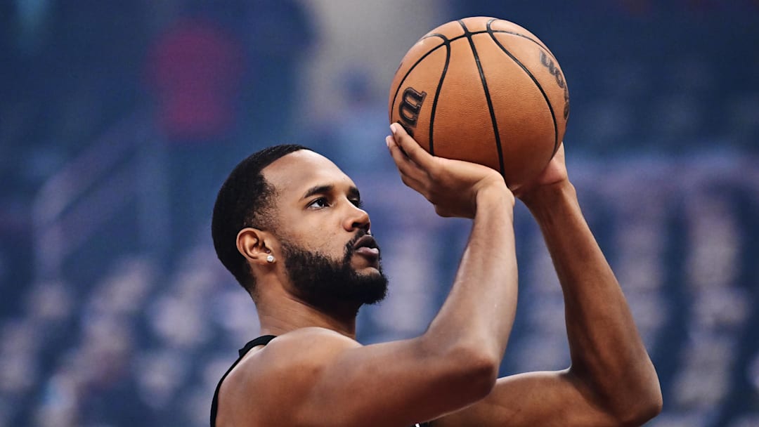 May 13, 2025; Cleveland, Ohio, USA; Cleveland Cavaliers forward Evan Mobley (4) warms up before game five between the Cavaliers and the Indiana Pacers of the second round for the 2025 NBA Playoffs at Rocket Arena. Mandatory Credit: Ken Blaze-Imagn Images