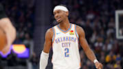 Jan 29, 2025; San Francisco, California, USA; Oklahoma City Thunder guard Shai Gilgeous-Alexander (2) reacts after being called for a foul against the Golden State Warriors in the first quarter at the Chase Center. Mandatory Credit: Cary Edmondson-Imagn Images