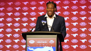 Jul 22, 2024; Charlotte, NC, USA; SMU defensive end Elijah Roberts speaks to the media during ACC Kickoff at Hilton Charlotte Uptown. Mandatory Credit: Jim Dedmon-USA TODAY Sports