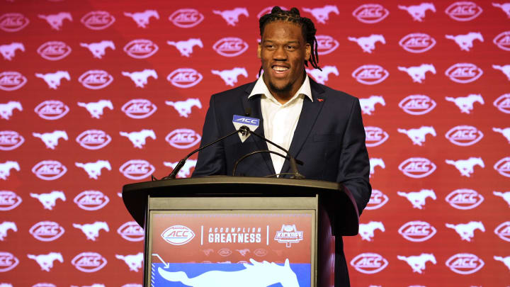 Jul 22, 2024; Charlotte, NC, USA; SMU defensive end Elijah Roberts speaks to the media during ACC Kickoff at Hilton Charlotte Uptown. Mandatory Credit: Jim Dedmon-USA TODAY Sports