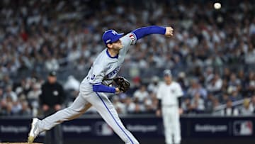 Cole Ragans whips to the plate against the Yankees in the 2024 ALDS