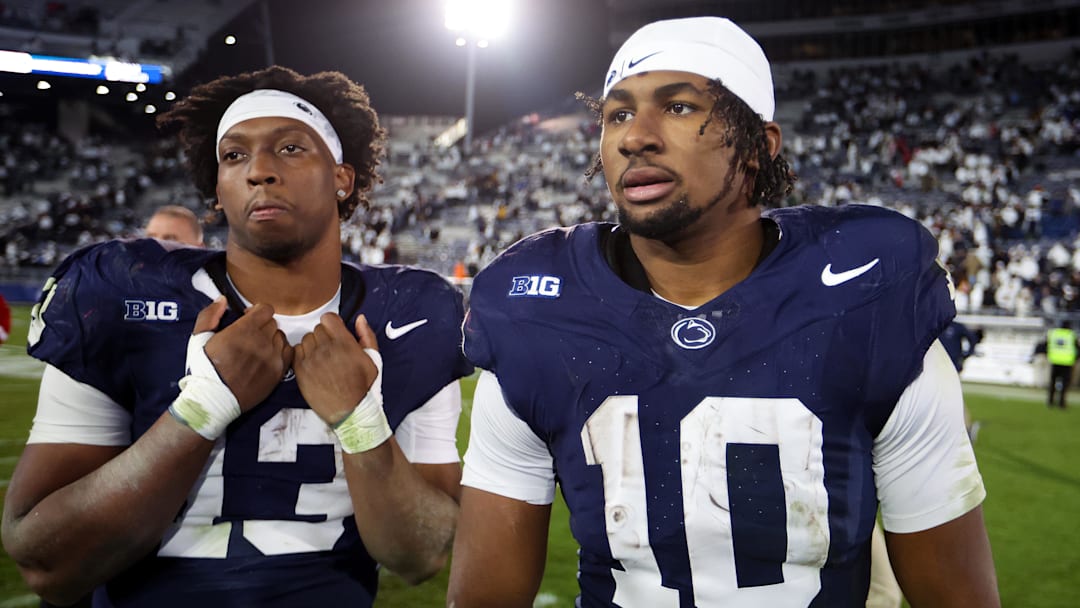 Penn State Nittany Lions running back Nicholas Singleton (10) and running back Kaytron Allen (13) stand on the field following the game against the Nebraska Cornhuskers at Beaver Stadium. Penn State Nittany Lions running back Nicholas Singleton (10) and running back Kaytron Allen (13) stand on the field following the game against the Nebraska Cornhuskers at Beaver Stadium.