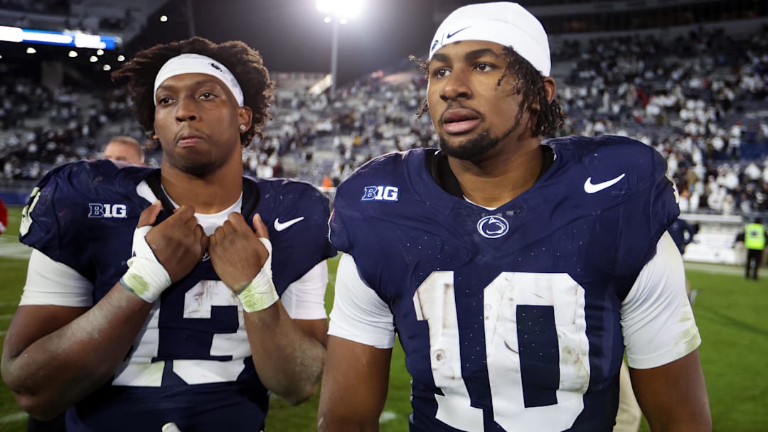 Nov 22, 2025; University Park, Pennsylvania, USA; Penn State Nittany Lions running back Nicholas Singleton (10) and running back Kaytron Allen (13) stand on the field following the game against the Nebraska Cornhuskers at Beaver Stadium. Mandatory Credit: Matthew O'Haren-Imagn Images Nov 22, 2025; University Park, Pennsylvania, USA; Penn State Nittany Lions running back Nicholas Singleton (10) and running back Kaytron Allen (13) stand on the field following the game against the Nebraska Cornhuskers at Beaver Stadium. Mandatory Credit: Matthew O'Haren-Imagn Images