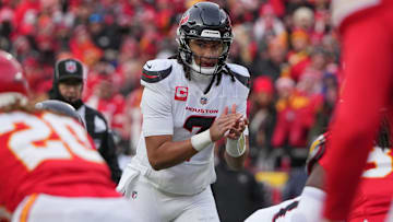 Houston Texans quarterback C.J. Stroud (7) readies for the snap during the first half of a 2025 AFC divisional round game at GEHA Field at Arrowhead Stadium.