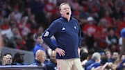 Mar 3, 2025; Houston, Texas, USA; Kansas Jayhawks head coach Bill Self reacts during the first half against the Houston Cougars at Fertitta Center. Mandatory Credit: Troy Taormina-Imagn Images