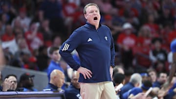 Mar 3, 2025; Houston, Texas, USA; Kansas Jayhawks head coach Bill Self reacts during the first half against the Houston Cougars at Fertitta Center. Mandatory Credit: Troy Taormina-Imagn Images