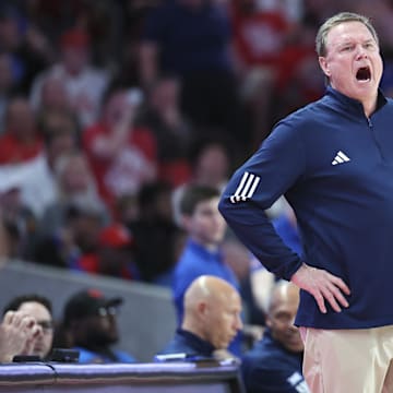 Mar 3, 2025; Houston, Texas, USA; Kansas Jayhawks head coach Bill Self reacts during the first half against the Houston Cougars at Fertitta Center. Mandatory Credit: Troy Taormina-Imagn Images