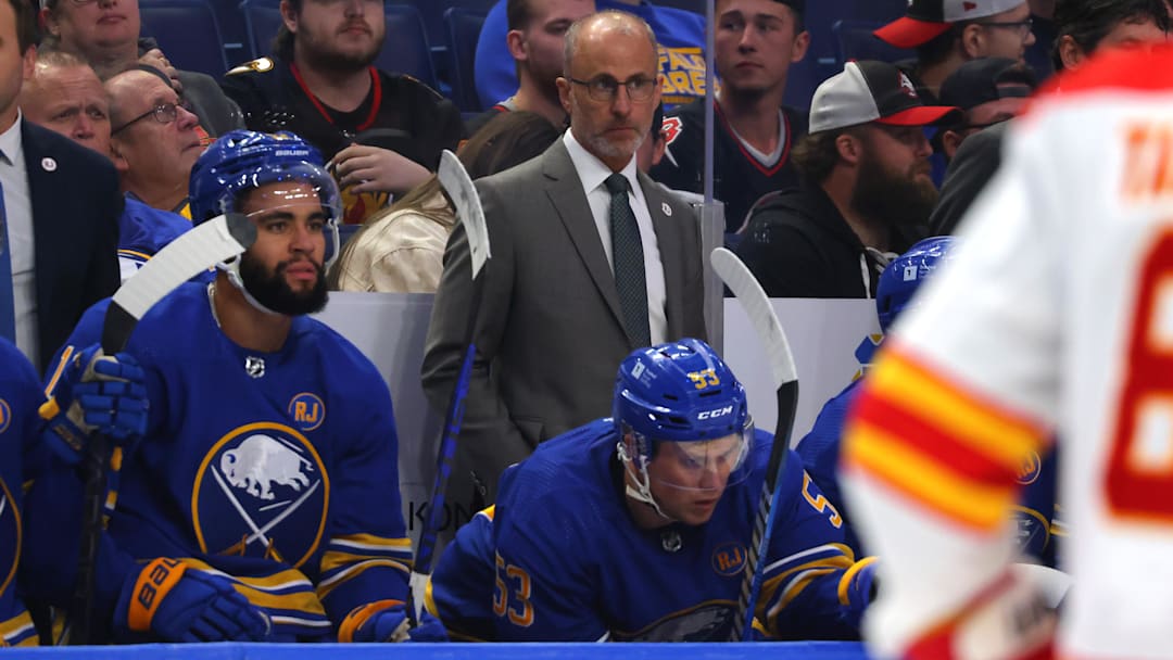 Oct 19, 2023; Buffalo, New York, USA;  Buffalo Sabres head coach Don Granato watches his team play during the second period against the Calgary Flames at KeyBank Center. Mandatory Credit: Timothy T. Ludwig-Imagn Images