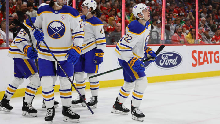 Apr 13, 2024; Sunrise, Florida, USA; Buffalo Sabres right wing Jack Quinn (22) reacts after scoring against the Florida Panthers during the first period at Amerant Bank Arena. Mandatory Credit: Sam Navarro-USA TODAY Sports