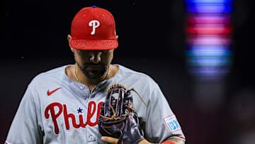Aug 12, 2025; Cincinnati, Ohio, USA; Philadelphia Phillies outfielder Nick Castellanos (8) walks off the field at the end of the seventh inning against the Cincinnati Reds at Great American Ball Park. Mandatory Credit: Katie Stratman-Imagn Images