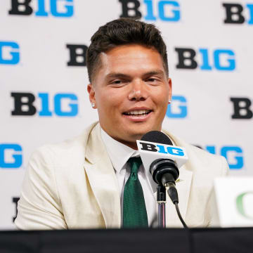 Jul 25, 2024; Indianapolis, IN, USA; Oregon Ducks quarterback Dillon Gabriel speaks to the media during the Big 10 football media day at Lucas Oil Stadium.