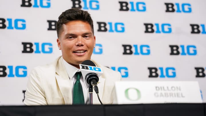 Jul 25, 2024; Indianapolis, IN, USA; Oregon Ducks quarterback Dillon Gabriel speaks to the media during the Big 10 football media day at Lucas Oil Stadium.