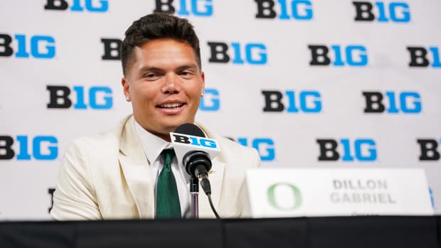 Oregon Ducks quarterback Dillon Gabriel speaks to the media during the Big 10 football media day at Lucas Oil Stadium.