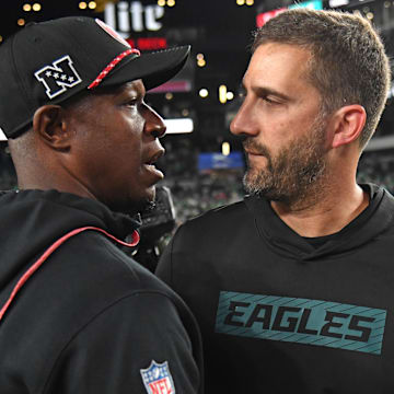 Atlanta Falcons head coach Raheem Morris received the game ball from his team Monday after beating the Philadelphia Eagles.