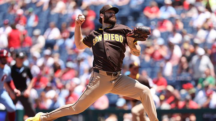 Jun 4, 2026; Philadelphia, Pennsylvania, USA; San Diego Padres pitcher Lucas Giolito (55) throws a pitch against the Philadelphia Phillies during the first inning at Citizens Bank Park. Mandatory Credit: Bill Streicher-Imagn Images