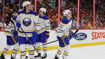 Apr 13, 2024; Sunrise, Florida, USA; Buffalo Sabres right wing Jack Quinn (22) reacts after scoring against the Florida Panthers during the first period at Amerant Bank Arena. Mandatory Credit: Sam Navarro-USA TODAY Sports