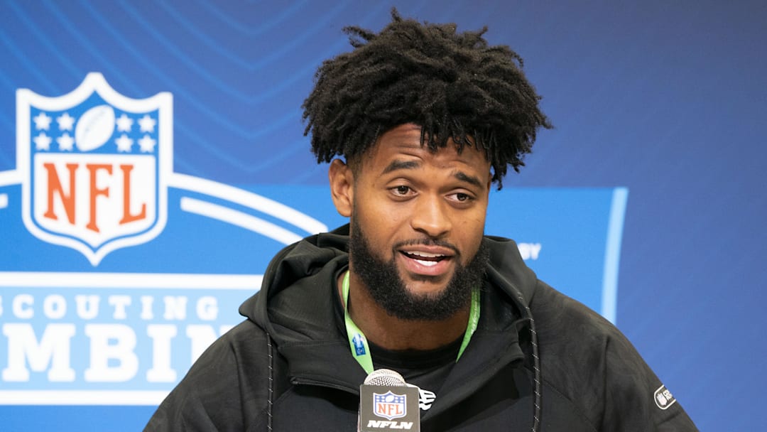 Feb 28, 2025; Indianapolis, IN, USA; Oregon wideout Traeshon Holden (WO19) answers questions at a press conference during the 2025 NFL Combine at Indiana Convention Center.