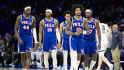 Mar 6, 2024; Philadelphia, Pennsylvania, USA; Philadelphia 76er Paul Reed (44) and Ricky Council IV (16) and Jeff Dowtin Jr. (11) and Kelly Oubre Jr. (9) and Buddy Hield (17) walk back from a timeout in the fourth quarter against the Memphis Grizzlies at Wells Fargo Center.