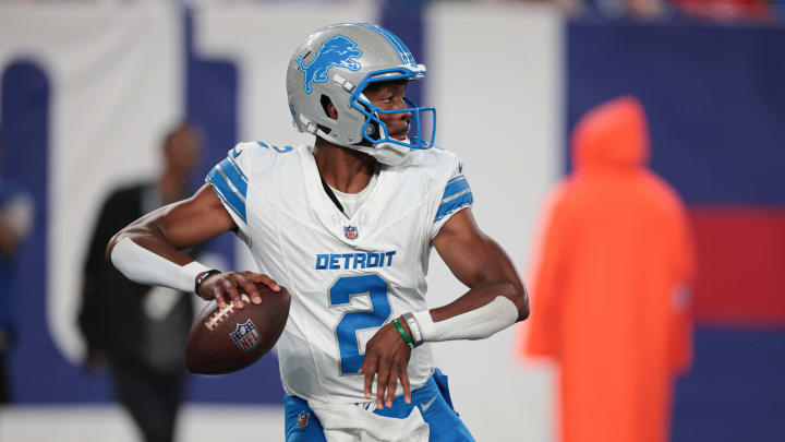 Aug 8, 2024; East Rutherford, New Jersey, USA; Detroit Lions quarterback Hendon Hooker (2) drops back to pass during the second half against the New York Giants at MetLife Stadium. Mandatory Credit: Vincent Carchietta-USA TODAY Sports