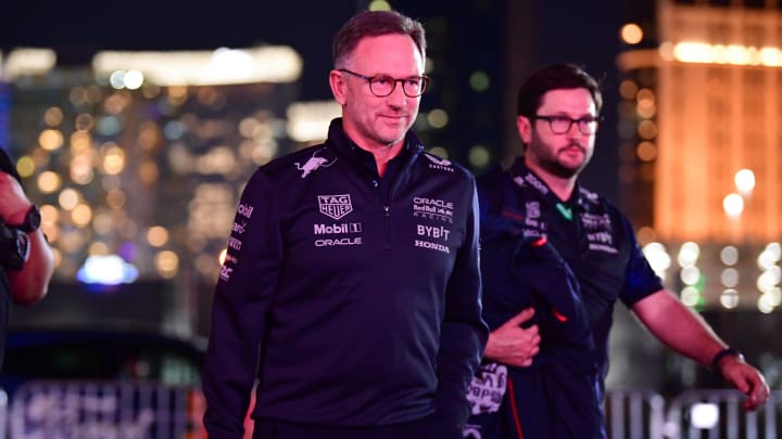 Nov 16, 2023; Las Vegas, Nevada, USA; Red Bull Racing team boss Christian Horner arrives before practice at Las Vegas Strip Circuit. Mandatory Credit: Gary A. Vasquez-USA TODAY Sports