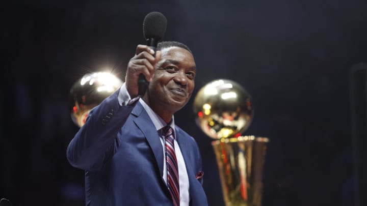 Feb 8, 2017; Auburn Hills, MI, USA; Detroit Pistons former player Isiah Thomas is honored during halftime of the game between the Detroit Pistons and the Los Angeles Lakers at The Palace of Auburn Hills. Mandatory Credit: Raj Mehta-USA TODAY Sports